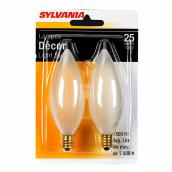 Sylvania Frosted Decorative Incandescent Lamp Light Bulb - 25-Watt - B10-E12 Candelabra Base -Soft White - 2 Per Pack