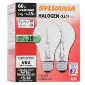 Ampoules halogènes 43 W, A19, équivalent 60 W, paquet de 2