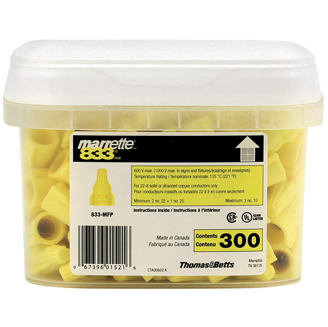 Marrette #833, Rated 105 Degree C- 600 -Volt, Wire Range: 22-8, Yellow, Package of 300