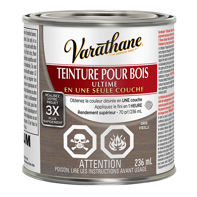 Teinture pour bois en une couche Ultime de Varathane, à base d'huile, séchage rapide, gris vieilli, 236 ml