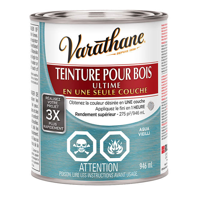 Teinture pour bois en une couche Ultime de Varathane, à base d'huile, séchage rapide, aqua vieilli, 946 ml