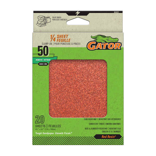 Gator 1/4 Sheet Sandpaper - 50-Grit - Pack of 20