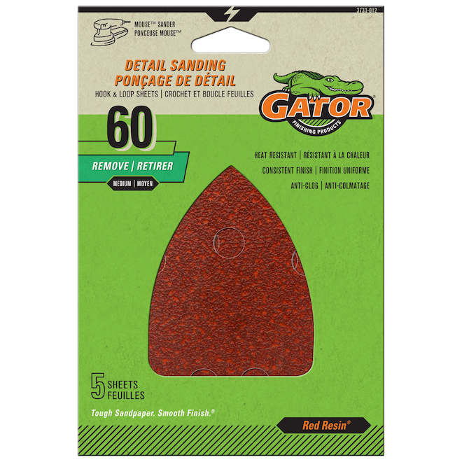 Feuilles, pour ponçage de détail Gator, grain 60, pour ponceuse Mouse, paquet de 5