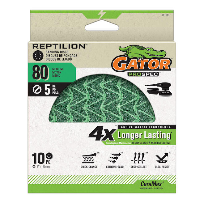 Disques de ponçage Reptilion Gator Prospec 5 po, grain 80, paquet de 10