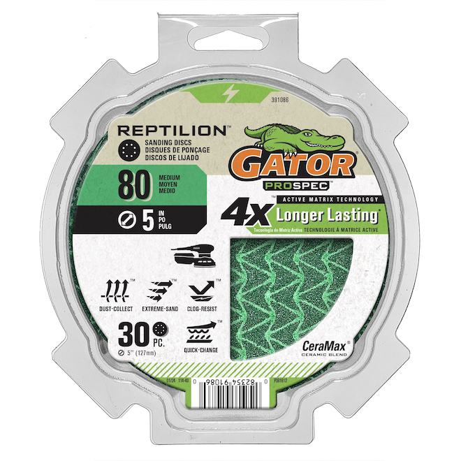 Disques de ponçage Reptilion Gator Prospec 5 po, grain 80, paquet de 30