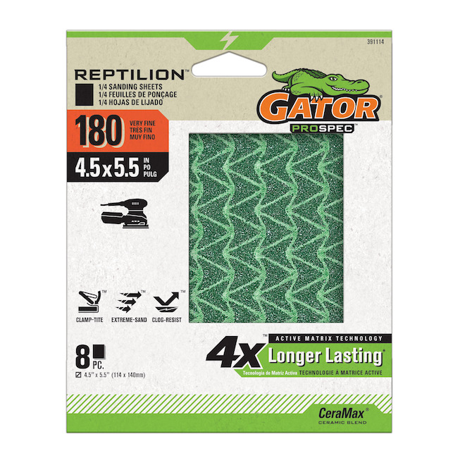 Gator 1/4 Sheet Sandpaper 4.5 x 5.5-in - 180-Grit - Pack of 8