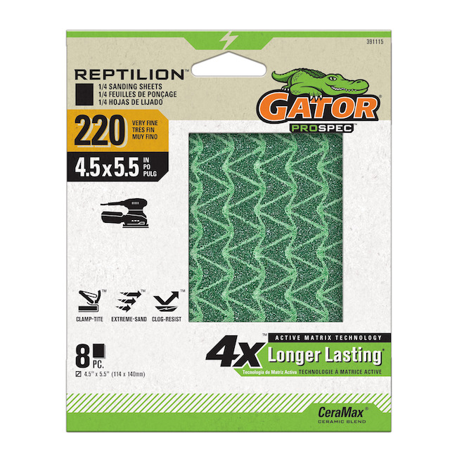 Gator 1/4 Sheet Sandpaper 4.5 x 5.5-in - 220-Grit - Pack of 8