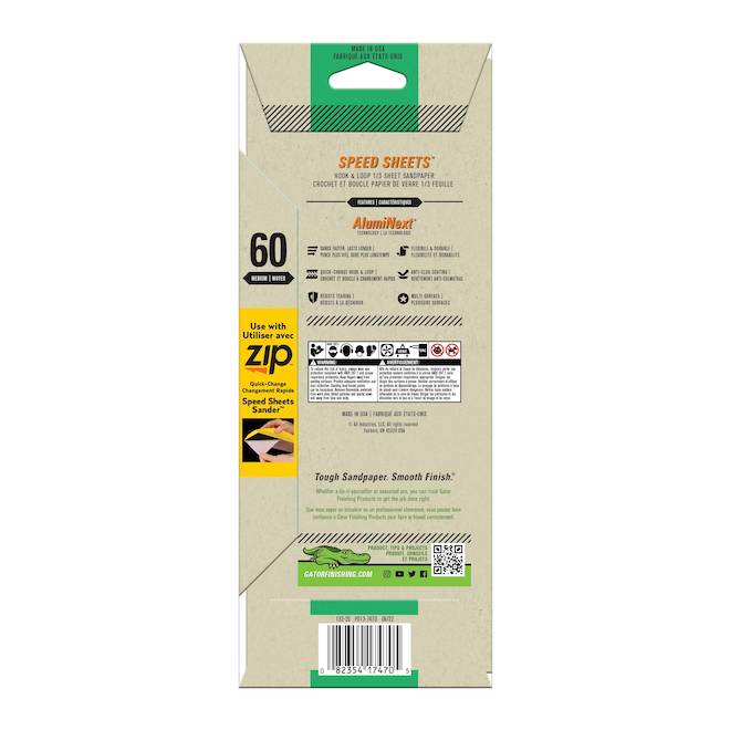 GATOR Speed Sheets Sandpaper Grit 60 Medium with Hook and Loop Backing ...