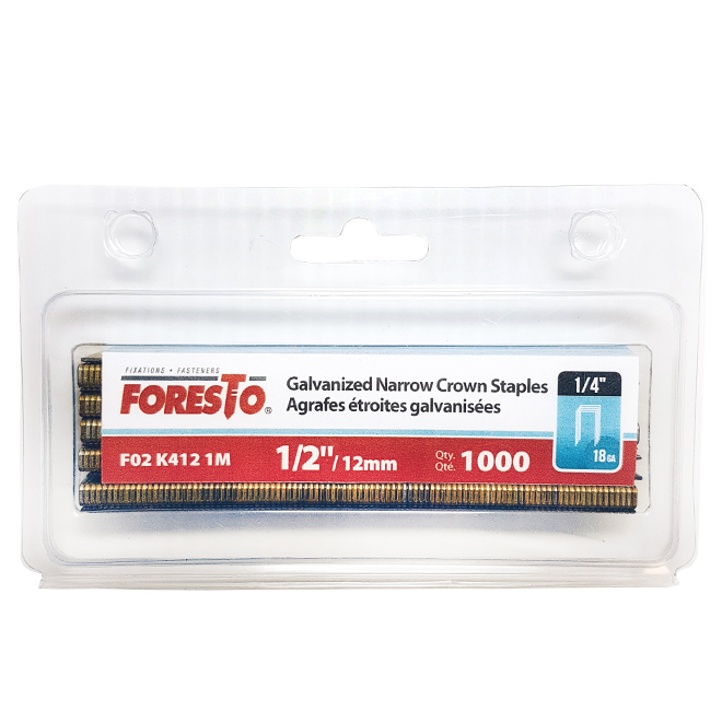 Agrafes tout usage Foresto, acier galvanisé, pointes de 1/2 po L. x couronne de 1/4 po l., 1000 par paquet