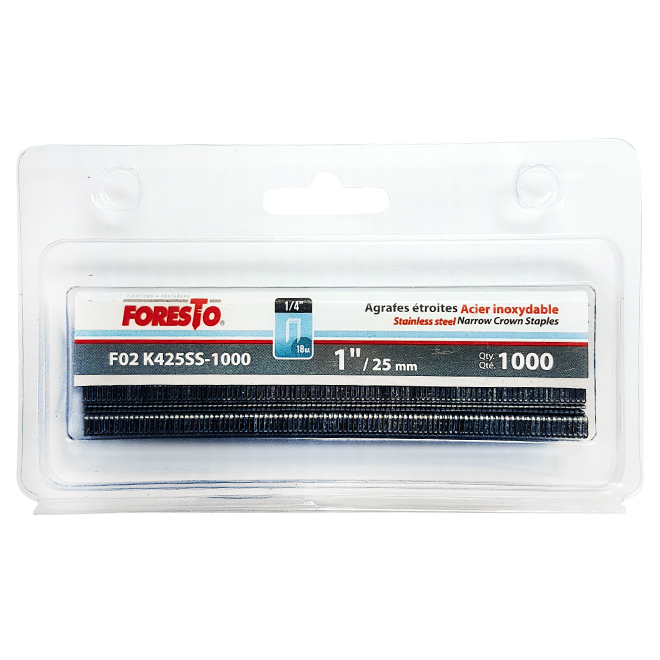 Agrafes tout usage Foresto, étroites, calibre 18, acier inoxydable, 1 po L., 1000 par paquet