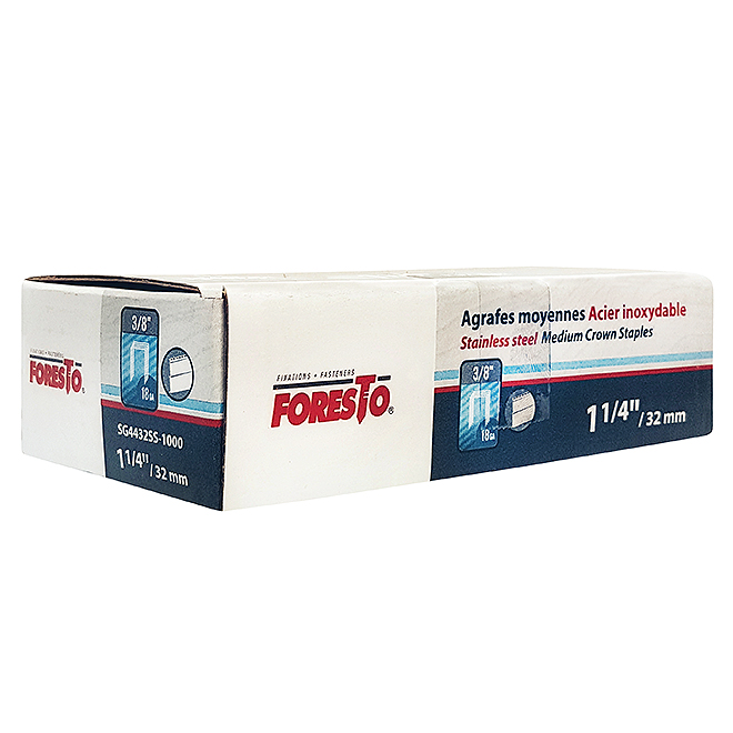 Agrafes tout usage Foresto, acier inoxydable, pointes de 1 1/4 L. x couronne de 3/8 po l., 1000 par paquet