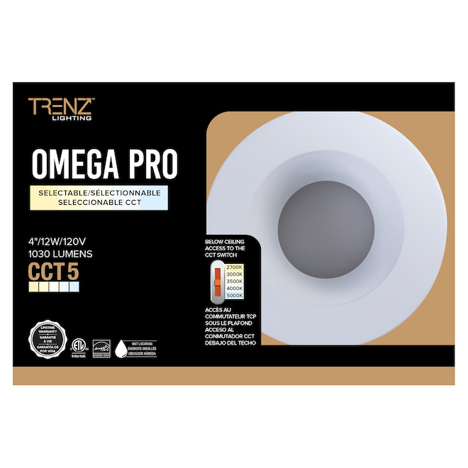 Trenz Omega Pro LED Baffle Recessed Light -  4-in - 12W - White - Dimmable CCT - 1030 Lumens