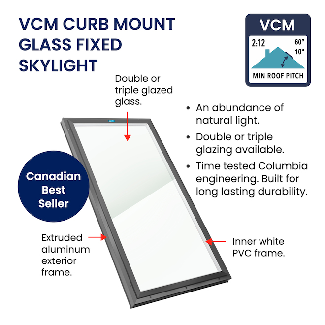 Columbia Double Glazed Clear 22.5-in x 46.5-in Curb Mount Glass Fixed Skylight - Brown