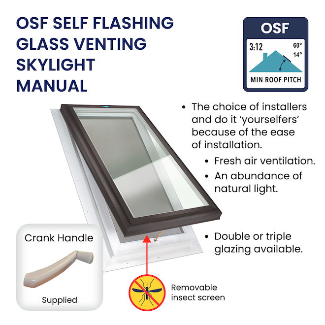 Columbia Double Glazed Clear 22.5-in x 46.5-in Self Flashing Manual Venting Skylight - Brown
