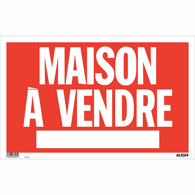 Klassen French Maison à vendre Sign - 12-in x 19-in - Plastic