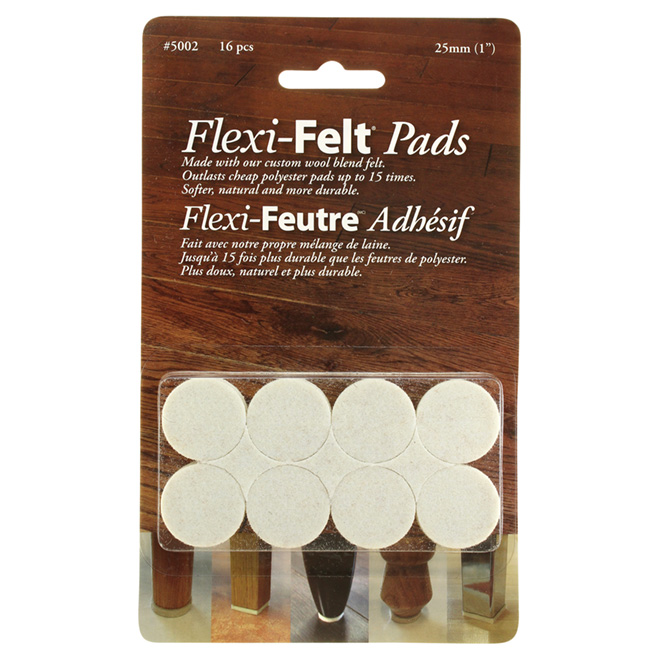 Flexi-Felt Wool Pads - Self-Adhesive - Beige - 16 Per Pack - 1-in dia