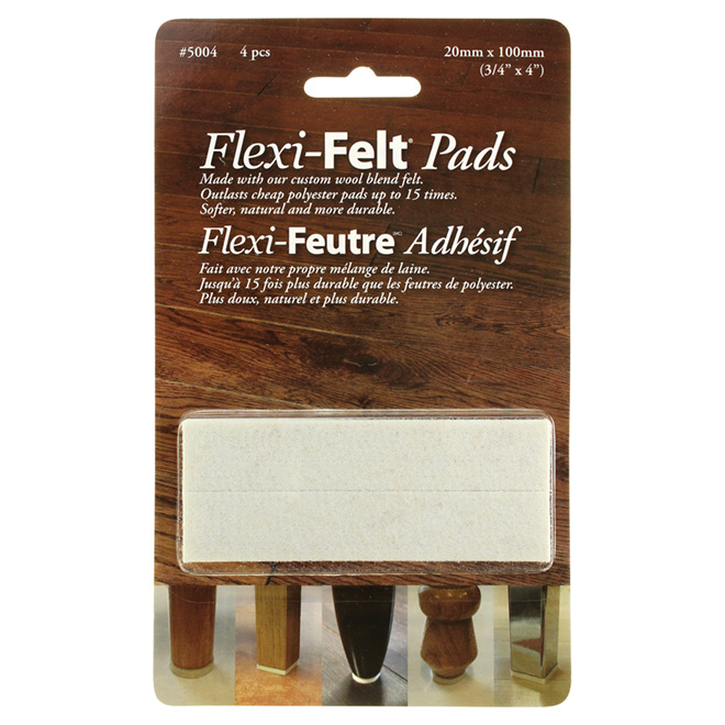 Flexi-Felt Rectangular Wool Pads - Self-Adhesive - Beige - 4 Per Pack - 3/4-in W x 4-in L