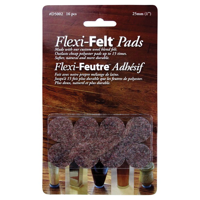 Flexi-Felt Wool Pads - Self-Adhesive - Brown - 16 Per Pack - 1-in dia