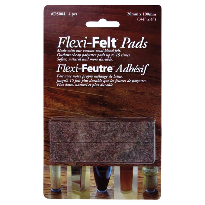 Flexi-Felt Rectangular Wool Pads - Self-Adhesive - Brown - 4 Per Pack - 3/4-in W x 4-in L