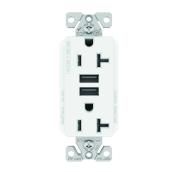 Eaton Dual Receptacle with 2 USB Type A Plugs - White - 20-Amps
