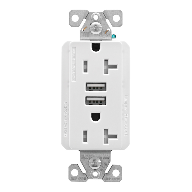 Eaton Dual Receptacle with 2 USB Type A Plugs - White - 20-Amps - 125-V