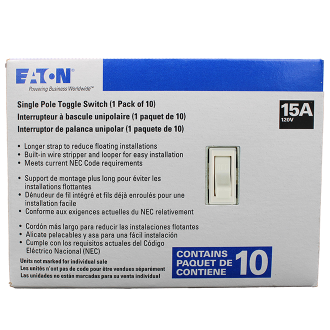 EATON Toggle Switches Single Pole 15 Amp 120 V with Locator Light - Pack of 10