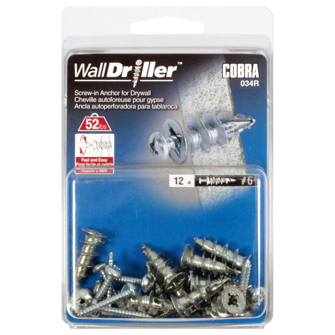 Cobra WallDriller Drywall Anchor - #6 - 12 Per Pack - Zinc - Screws Included