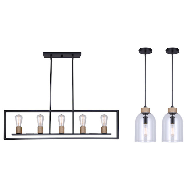 Canarm Harper Set of 3 Pendant Lights in Clear Glass and Matte Black Metal