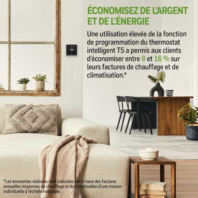 Thermostat intelligent programmable blanc T5 d'Honeywell Home avec fonction tactile et Wi-Fi