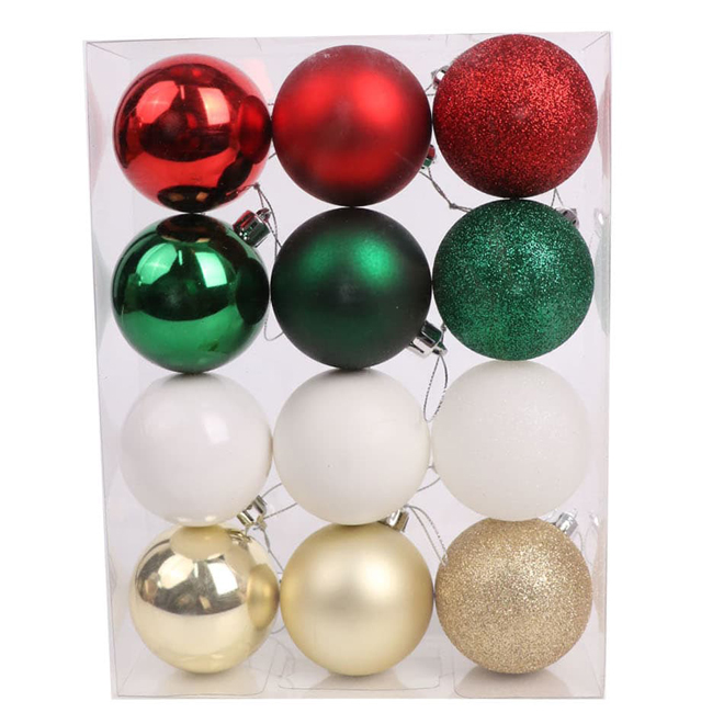 Celebrations by L&CO Set of Christmas Ball Ornaments - Red, Green, White and Gold - Pack of 12