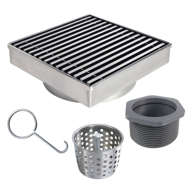 Drain de douche carré Reln en acier inoxydable, 4 po x 4 po