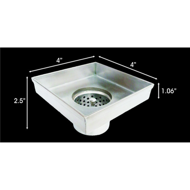 Drain de douche carré Reln en acier inoxydable, 4 po x 4 po