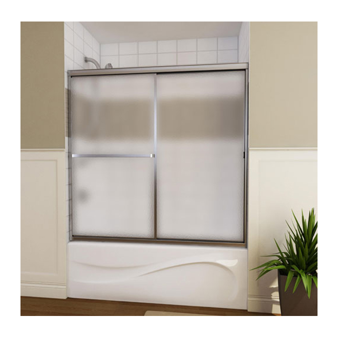 Maax Mika Sliding Bathtub Door - 54-59 1/2-in x 55 1/2-in - Hammered Glass - Mat Silver Finish
