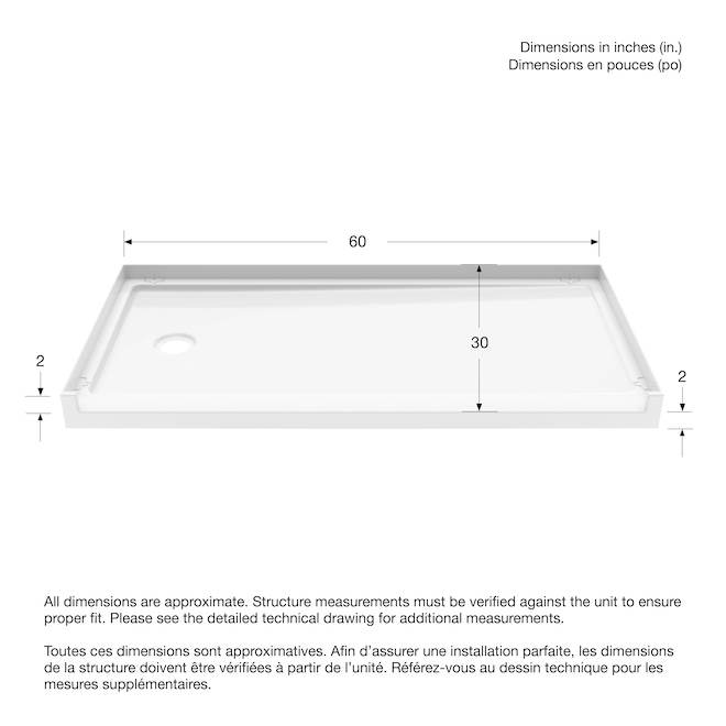 MAAX Interflo Shower Base in Acrylic with Left-Side Drain 60 x 2 x 30-in - White