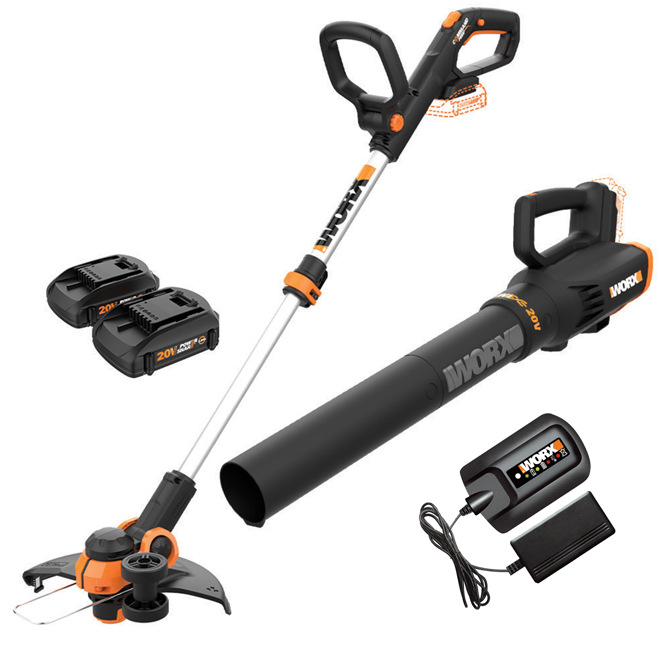 WORX 20 V Max Cordless String Trimmer and Leaf Blower Kit with 2