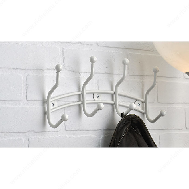 Richelieu Utility Hook Rack - Metal - White - 5 15/32-in H x 2 53/64-in D x 12 37/64-in W