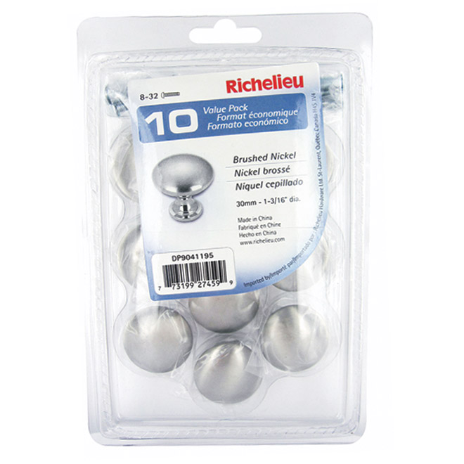 Richelieu Contemporary Cabinet Knob - 30-mm - Brushed Nickel - 10-Pack