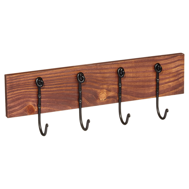 Richelieu Wall-Mounted 4-Hook Hanger - Antique Brown Wood Base - Wrought Iron - 5 25/32-in H x 16-in W x 2 29/32-in D