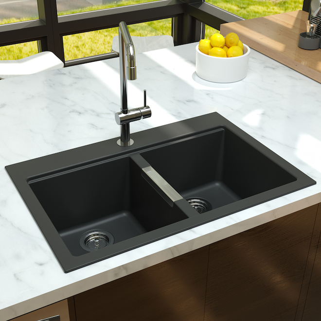Artika Baltic Double Kitchen Sink - Composite Granite - Black - 33-in x 22-in x 9.5-in