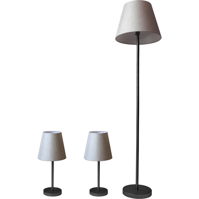 Lampe sur pied et lampes de table, métal/tissu, noir/lin, ensemble 3 pièces