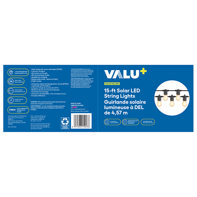 VALU+ Solar LED String Lights 15-ft - Warm White
