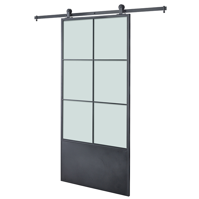 Ensemble de porte et système de rail coulissant Broadway par Colonial Elegance en métal noir de 37 po x 84 po x 1.25 po