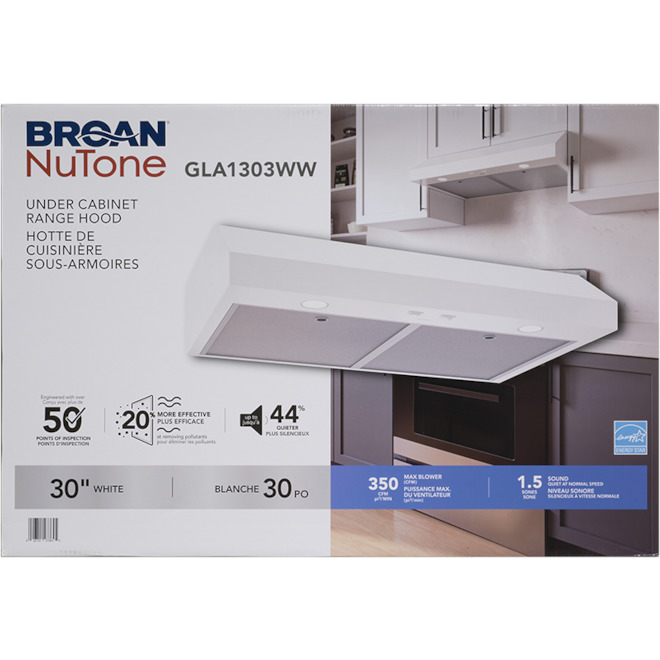 Broan-Nutone 30-in White Undercabinet Range Hood w/ 2 Speeds 350 CFM and LED Lighting