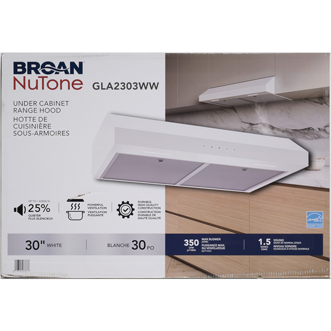 Broan-Nutone Undercabinet Range Hood 30-in with 3 Speeds 350 CFM and LED Lighting - White