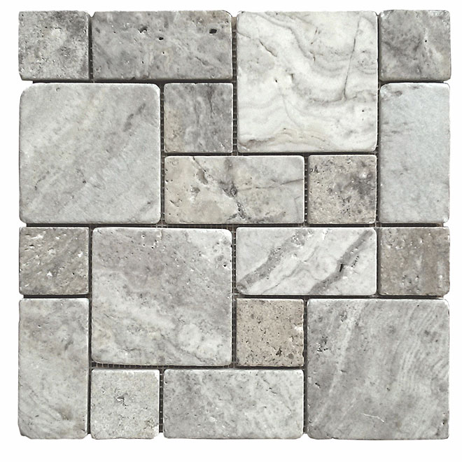 Troy Tiles - Travertine Mosaic - Silver Roman - 12" x 12"