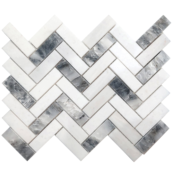 Tuiles en marbre mosaïque de chevrons blanc et gris 12 po x 12 po, 5/bte