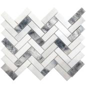 Avenzo Trustone Marble Herringbone Mosaic Tile 12-in x 12-in - White and Grey