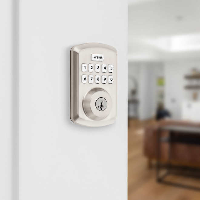 Pêne dormant Weiser Powerbolt 3 avec clavier numérique et technologie SmartKey, nickel satiné