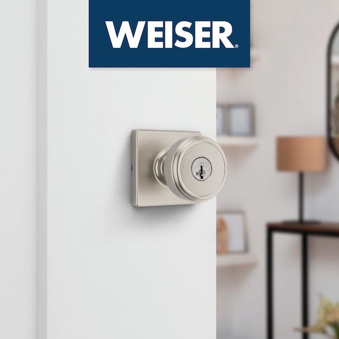 Weiser Maven Keyed Door Knob with Square Rosette and SmartKey Technology - Satin Nickel