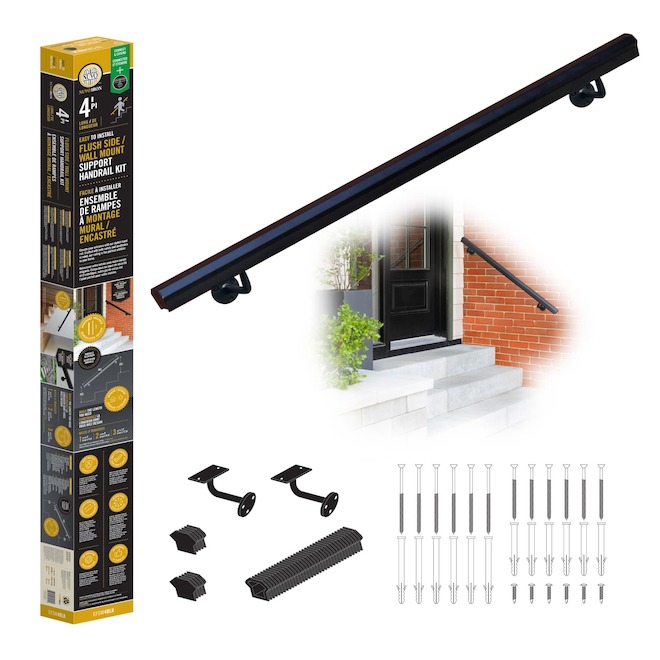 Nuvo Iron Handrail Kit Flush Side or Wall Mount Support 4-ft - Black